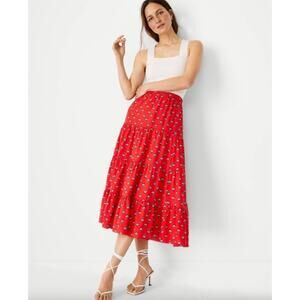 Ann Taylor Red Floral Gathered Tiered Midi Skirt